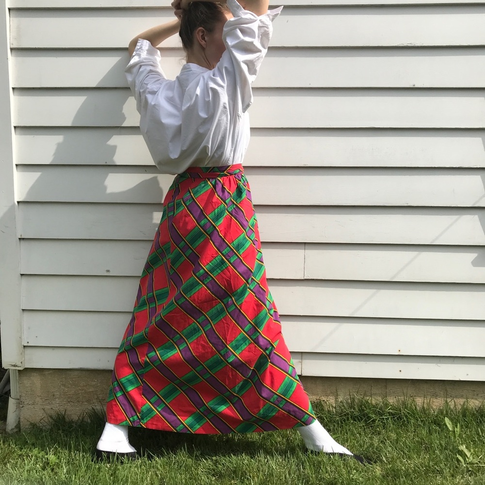 Vintage 1970s Tartan Check Cotton Maxi Wrap Skirt